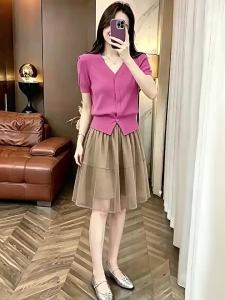 XUNYI | Áo Cardigan Knit Tơ Lạnh Tay Ngắn Cổ V Ôm Body Thời Trang