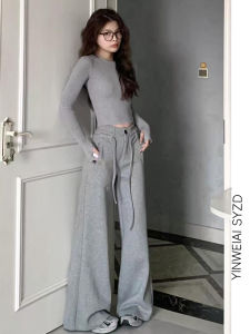 กางเกงขากว้างเอวยางยืดทรงหลวมสำหรับผู้หญิง กางเกงขายาวเอวสูง กางเกงขายาวลำลองสีเทา ทรงหลวม สไตล์ลำลอง ฤดูใบไม้ร่วง/ฤดูหนาว