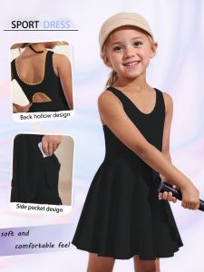 Girls Hollow Back Sleeveless Sports Dress Built-in Shorts with Pockets for Tennis Cycling Outdoor Daily Kids Quick Drying