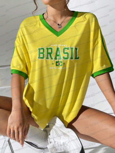 Summer WomenS Bright Yellow Football Jersey T-Shirt With Brazilian Letter Print V-Neck Short Sleeved Loose Casual Sports Top