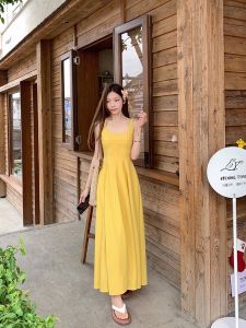 ชุดเดรสยาวคอวีสีเหลืองสไตล์ฝรั่งเศส ชุดเดรสยาวเอวเข้ารูปสำหรับฤดูร้อน ชุดเดรสยาวทรงเอ ชุดเดรสยาวสำหรับไปงานวันเกิด