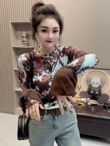 2024 Spring New Cuff Stylish Patchwork Vintage Floral Long Sleeves T-shirt Womens Silm Base Shirt Shoulder Tops