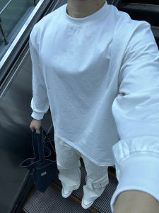 Mens Long Sleeve Pure Cotton T-Shirt round Neck Sweatshirt White Base Layer Shirt Spring Autumn Casual Breathable Comfortable