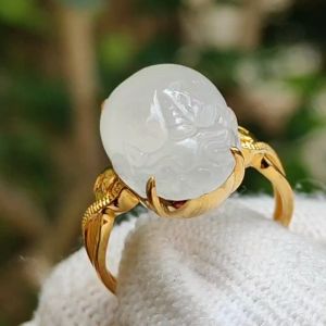 High Quality Natural Type A Jadeite Jade crafted as Pixiu set with 18k Gold as Ring Finger Size 16mm certificate weighs 3.13 grams measurement 14.1 * 10.4 * 5.5 mm (18kring30)