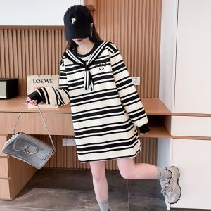 Maternity Spring Dress Loose Mid-Length Striped Navy Collar Casual Autumn Winter Womens Clothing Long Sleeve Embroidered A-Line Skirt
