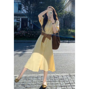 SENWA | Elegant Slim French Yellow Short Sleeve Dress