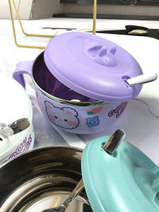 Stainless Steel Cartoon Covered Bowl Convenient Noodles Bowl Easy to Clean Student Dormitory Rice Box round Shape Dining Utensils