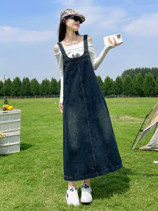 Retro Denim Halter Dress Women Spring Autumn 2025 New Mid-Length Loose Slimming Split Salt System Anti-Aging Dress