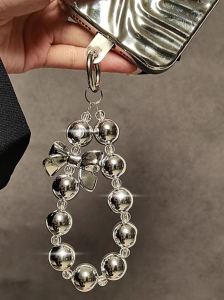 Electroplated Silver Bows Beaded Chain Applicable to All Phone Case Models Portable Lanyard Fashion Womens Exquisite Fancy Trending Unique New Arrival/Solid Bracelet Pendant Anti-Lost Durable