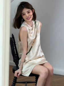 New Chinese Style Refinement Loose Button Tea Break Dress Summer Acetate High Sense Light National Style Dress A-Line Skirt
