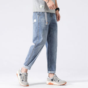 Slim Fit Summer Thin Denim Jeans Men Casual Loose Straight Leg Harlan Pants mid Waist Nine Points Cotton Polyester Blend