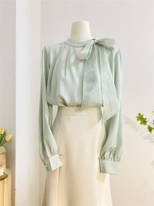 Spring Design Sense French Elegance Long Sleeve Silk Satin Shirt Womens Bow Tie Butterfly Knot Acetate Top Korean Style Commute