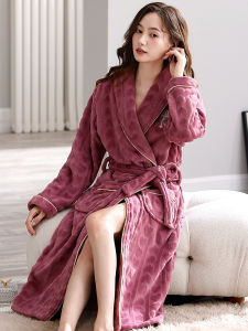 Langsha Womens Sleepwear Coral Fleece Lined Thickened Winter Robe Mid-Length Home Clothes Floral Pattern Embroidered Polyester Fiber