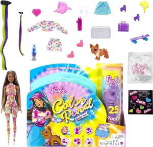 Barbie Color Reveal Totally Neon Fashions Doll with Blue-Streaked Brunette Hair & 25 Surprises Including Color Change HCD28