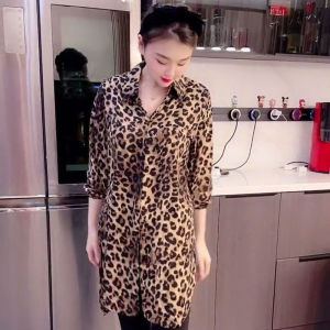 Áo Sơ Mi Họa Tiết Da Báo Dáng Rộng Dài Vừa Phải Cho Nữ Mùa Thu 2025 Áo Sơ Mi Dài Tay Cổ Polo Thường Ngày Thường Ngày