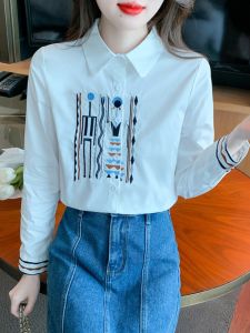 Retro Polo Collar Embroidered White Shirt Womens Fashionable Versatile Casual Style Long Sleeve Polyester Fiber Shirt