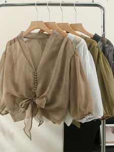 Summer 2025 Fashion Design Womens Bubble Sleeve Shirt Thin Chiffon Sun Protection Tie French Style Top V-neck Seven-sleeve