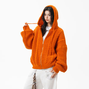 BWKA | Dopamine-style Retro Cable Knit Hooded Sweater Jacket Orange