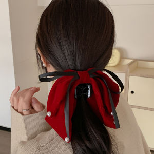 French Vintage Velvet Hair Clip with Butterfly Knot for Women Pearl Shark Bite Hair Clip Elegant Sweet Headwear Accessories