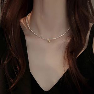 Shihome Pearl Necklace Womens Style Modern Fashion Jewelry Lockbone Chain Alloy Silver Gold Plated Bead Pendant White Color