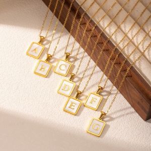 English  Letter Initial Necklace 18K Gold Stainless Steel Necklace Cute Square Shell Necklace for Women