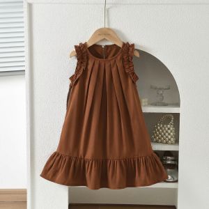 Bear Leader | Leisure Pastoral Style 2-7-year-old Girls Casual Clothes Khaki Round Neck Sleeveless Pleated Dress Korean Version Summer New