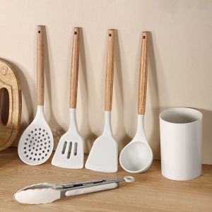 Topstar Heat Resistant Spatula Resistant Silicone Cooking Utensils Kitchen Utensil Set with Holder Wooden Spoons Kitchen Gadgets Tools Cooking Utensils for Nonstick Cookware