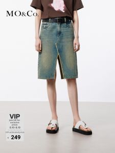 MO&Co. | Distressed Denim Cotton Midi Skirt Frayed Hem