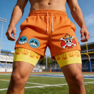 Bandai | 2026 Bandai Portgas D Ace Anime One Piece Mens Double Layer Fake Two Piece Shorts Gym Workout Shorts Summer Quick-dry Casual