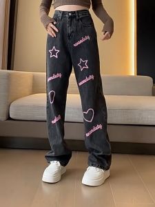 Beautiful เสื้อผ้าสตรีพลัสไซส์พร้อมปักตัวอักษรดาวกางเกงยีนส์สีดำกางเกงยีนส์อ้วนสาวเอวสูงกางเกงขายาวตรงบาง(V94)