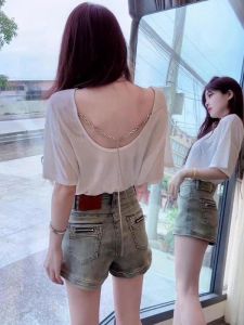 Simple Backless Chain Design Korean Style Womens T-Shirt Short Sleeve Summer Loose Top Outdoor Wear Casual Style round Neck