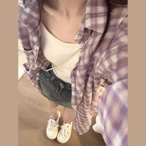 Áo Sơ Mi Nữ Tay Dài Rộng Rãi Mềm Mại Màu Xanh Lam Kẻ Caro Phong Cách Lười Biếng Mùa Xuân Hè Áo Chống Nắng Nhỏ Gọn