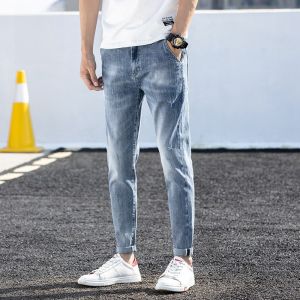 Romon Mens Slim Fit Jeans Spring Summer New Style Fashionable Korean Casual Nine Point Cotton Denim Mid Waist Zipper Youth Trendy