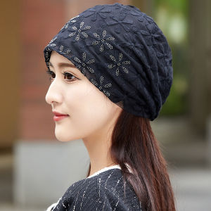 Ladies Breathable Lace Headscarf Cap Spring Summer Autumn Loose Stackable Flower Diamond Design Korean Style round Top Hat
