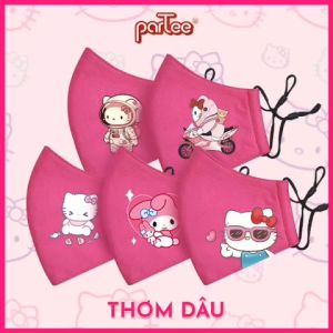 VOUCHER 35K - THƠM DÂU | Khẩu Trang Vải In Hello Kitty 3 Lớp Cao Cấp Dễ Thở Ôm Mặt Có Nút Chỉnh Dây Đeo parteeshopvn Mèo Kitty Khẩu Trang Bé Gái Thời Trang Bé Gái