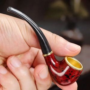 New Imitation Wood Pipe Mens Classic Resin Pipe Old-Fashioned Dry Pipe Portable Copper Pot Bent Durable Mini Cigarette Pipe