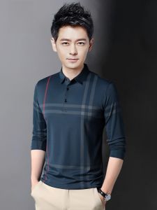 ROMON | Áo thun polo tay dài mùa xuân thu mới có viền kẻ caro cổ bẻ thương hiệu Romon thời trang công sở nam trung niên