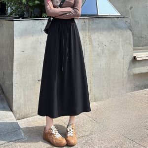 YAMIANNV | Elderly Womens Black Suit Skirt Drapey Midi Skirt Slimming High Waist Loose Fit Autumn Season Fashionable Polyester Blend