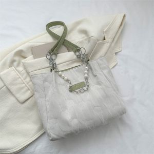 Large Capacity Chain Tote Bag Womens Casual Commuter Bag Pearl Detailing Single Shoulder Bag Fashionable Canvas Construction