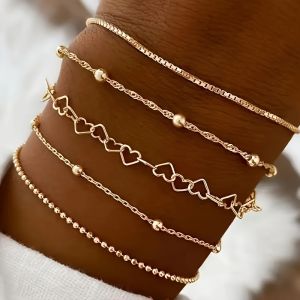 5 Pcs Set Silver Color Chain Bead Bracelets for Women Simple Elegant Vacation Beach Party Casual Jewelry Versatile Daily Wear