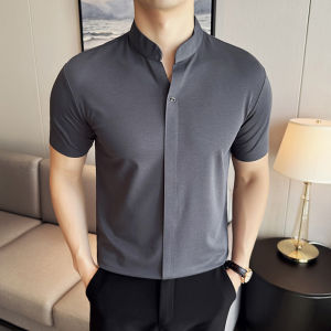 New Chinese Style Stand Collar Shirt Mens Summer Short Sleeve Fancy Stretch Polo Shirt Ice Silk V Neck T-Shirt Handsome Top Clothes