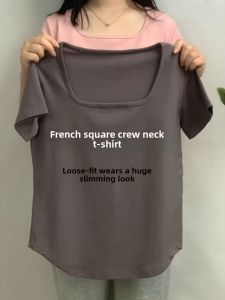 plus Size Grey Square Collar Short Sleeve T-Shirt Womens Summer Slimming Irregular Korean Style Casual Fashion Top