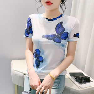 REHIN เสื้อยืดแขนสั้นพิมพ์ลายตาข่ายแฟชั่นใหม่ฤดูร้อนคอกลมเข้ารูปพอดีตัวเสื้อเก๋หรูหราของผู้หญิง (S-3XL)