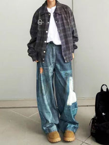 กางเกงยีนส์ทรงหลวมสไตล์อเมริกันย้อนยุคสำหรับผู้ชาย กางเกงขายาวทรงตรงพิมพ์ลายฤดูใบไม้ผลิ กางเกงยีนส์ทรงหลวมสำหรับผู้ชาย