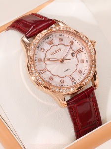 OLEVS | Ladies Elegant New Red Leather Strap Quartz Watch