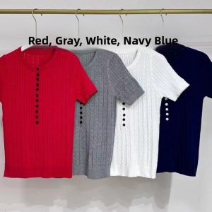 YUEZHONGWEI | American Retro Ice Silk Knitted Short Sleeve T-Shirt Women Summer Design Slim Fit Spicy Girl Short Style Top V-neck Pure Color