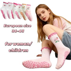 European size 36-43， 1 Pair Knitted Embroidered Yoga Fitness Pilates Sports Silicone Non slip Bottom Womens Middle Socks