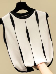 น้ําแข็ง ผ้าไหม ลายทาง ถัก สลิมฟิต ฤดูร้อน เสื้อท่อนบน ผู้หญิง แขนกุด หลวม สไตล์เล็ก เสื้อกั๊ก แจ๊กเก็ตแบบบางสําหรับงานเลี้ยงวันเกิด