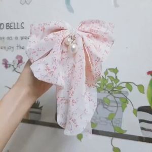 Kẹp tóc nơ hoa nhí gắn ngọc cặp tóc sau đầu nơ hoa nhí tua rua