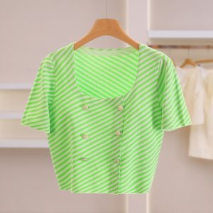 Striped Slim Fit Square Neck Short Sleeve Knit Shirt